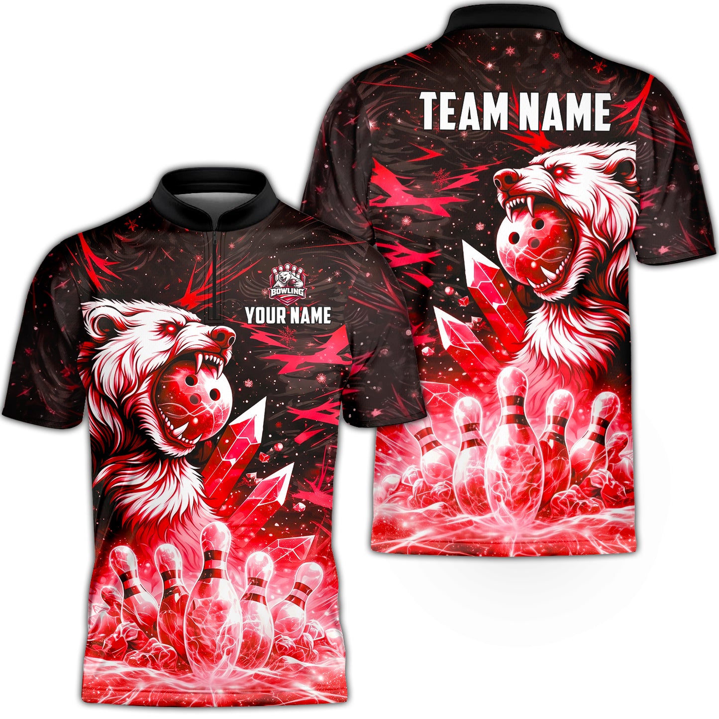Custom Bowling Jersey Polo Shirt, Arctic Bear & Crystal Galaxy, Custom Bowling Jersey Team Shirt For Players With Name & Team Name