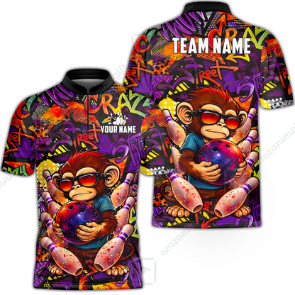 Custom Bowling Jersey Polo Shirt, Street Graffiti Funny Monkey Mascot, Custom Bowling Jersey Team Shirt For Players With Name & Team Name