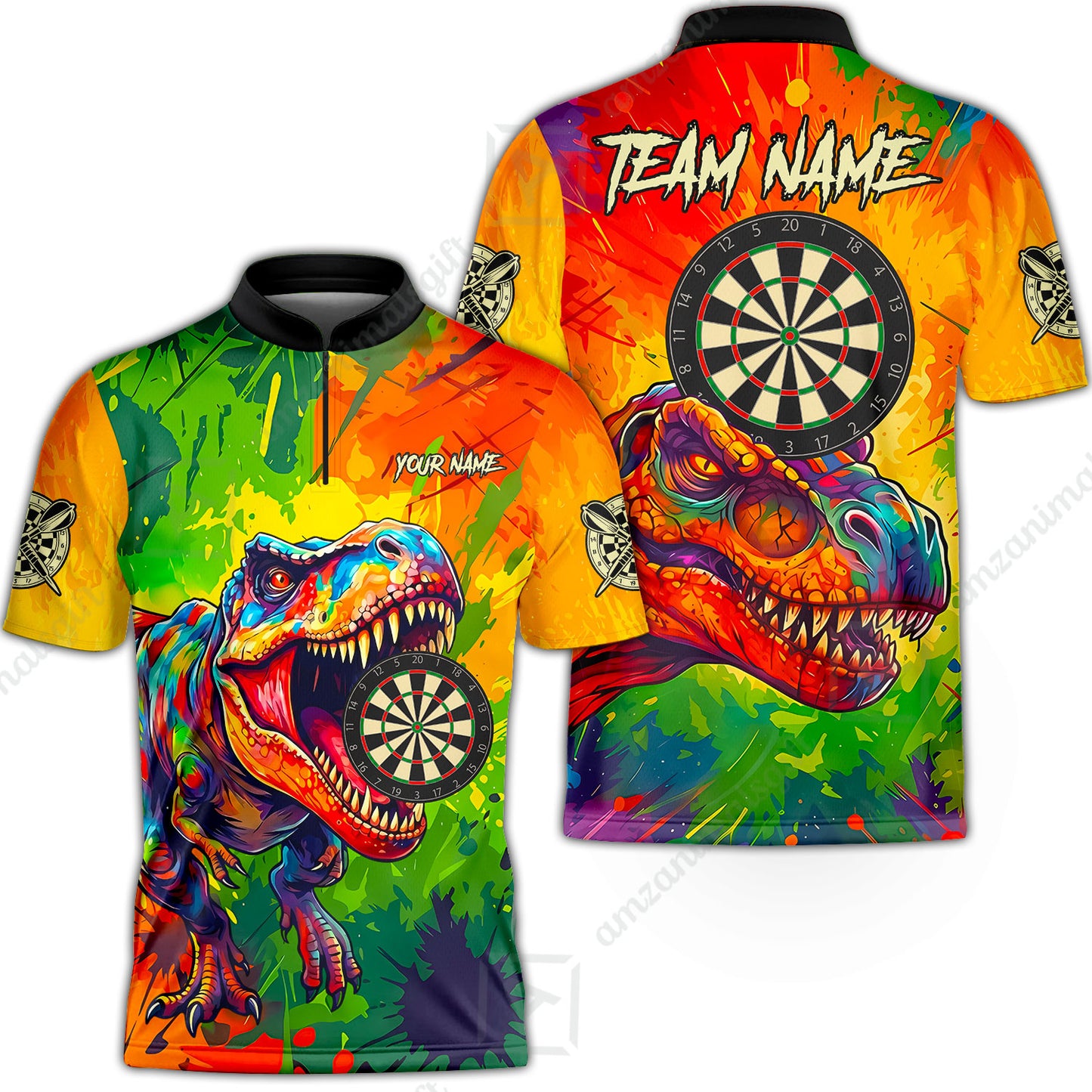 Custom Darts Jersey Polo Shirt, Colorful Splatter T-Rex Dino, Custom Dart Jersey Team Shirt For Players With Name & Team Name