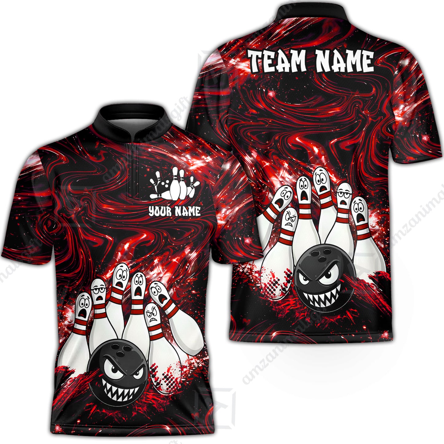 Customized Bowling Unisex Polo Shirt, Bowling Angry Ball VS Screaming Pins, Personalized Name And Team Name