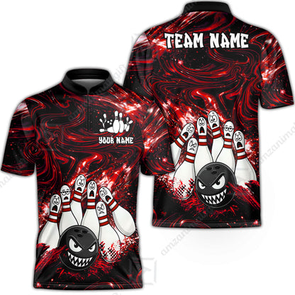 Customized Bowling Unisex Polo Shirt, Bowling Angry Ball VS Screaming Pins, Personalized Name And Team Name