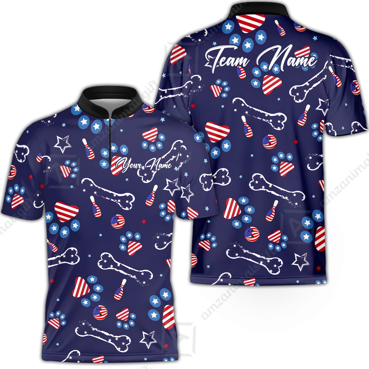 Custom Bowling Jersey Polo Shirt, US Dog Footprint, Personalize Name and Team Name