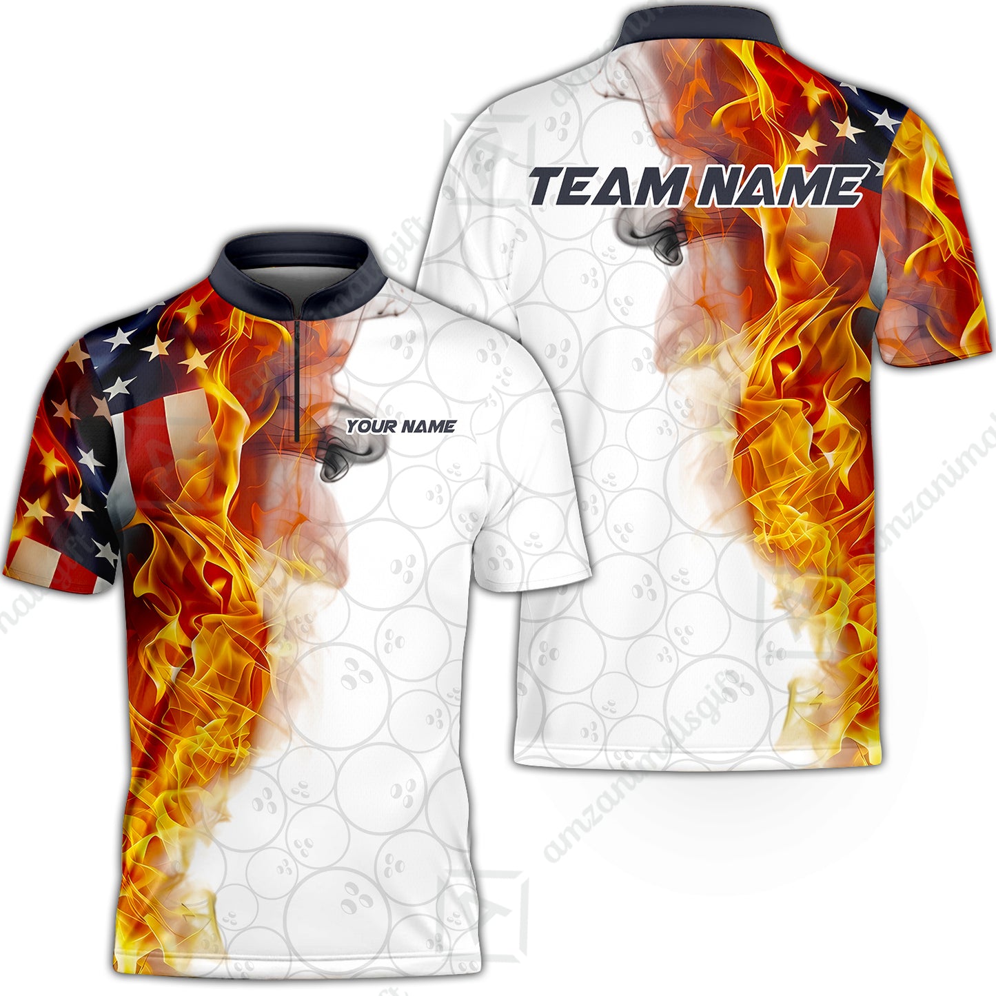 Custom Bowling Jersey Polo Shirt, Flaming USA Flag Graphic Bowling, Custom Bowling Jersey Team Shirt For Players With Name & Team Name