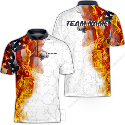 Custom Bowling Jersey Polo Shirt, Flaming USA Flag Graphic Bowling, Custom Bowling Jersey Team Shirt For Players With Name & Team Name