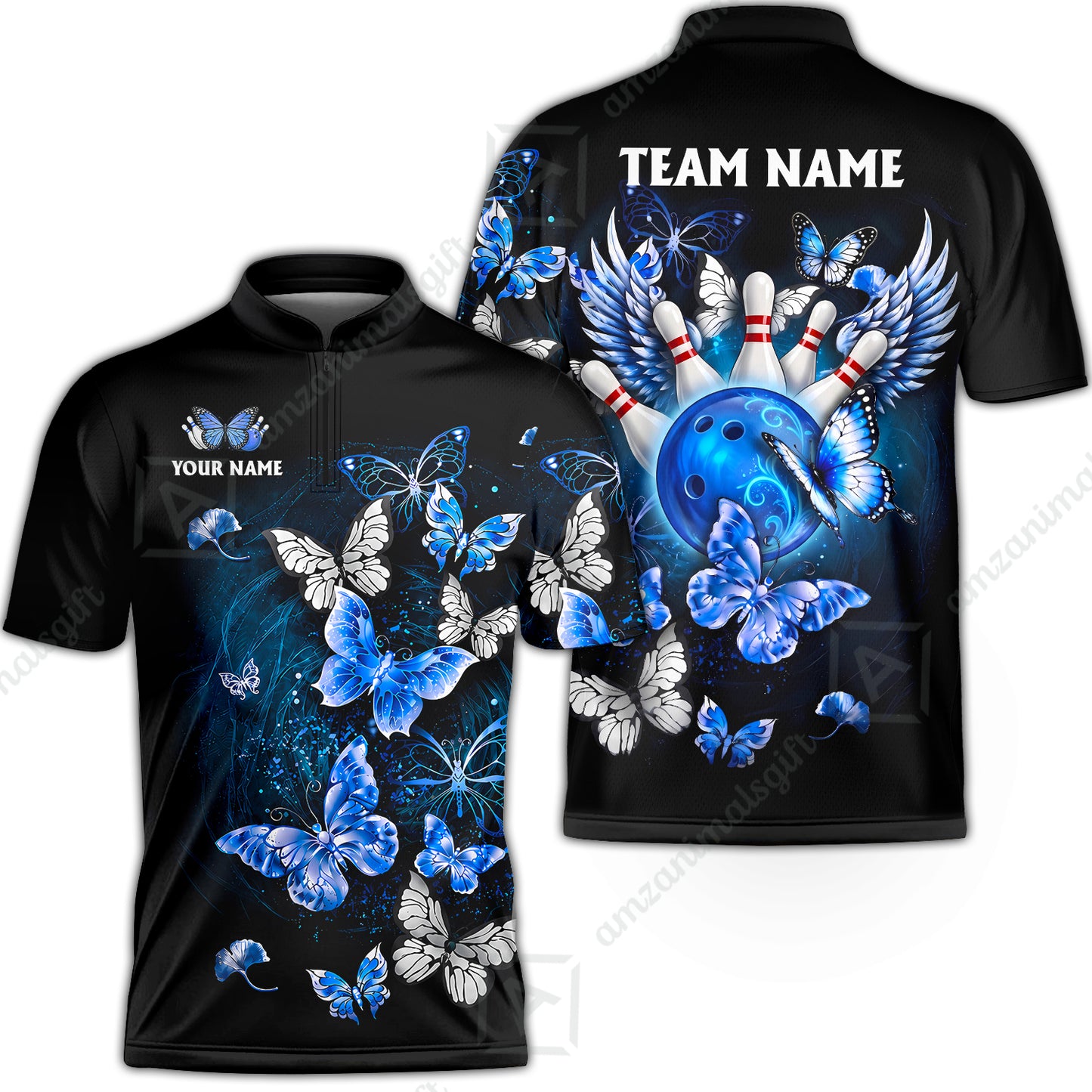 Custom Bowling Jersey Polo Shirt, Dreamy Nebula & Angelic Butterflies, Personalize Name and Team Name