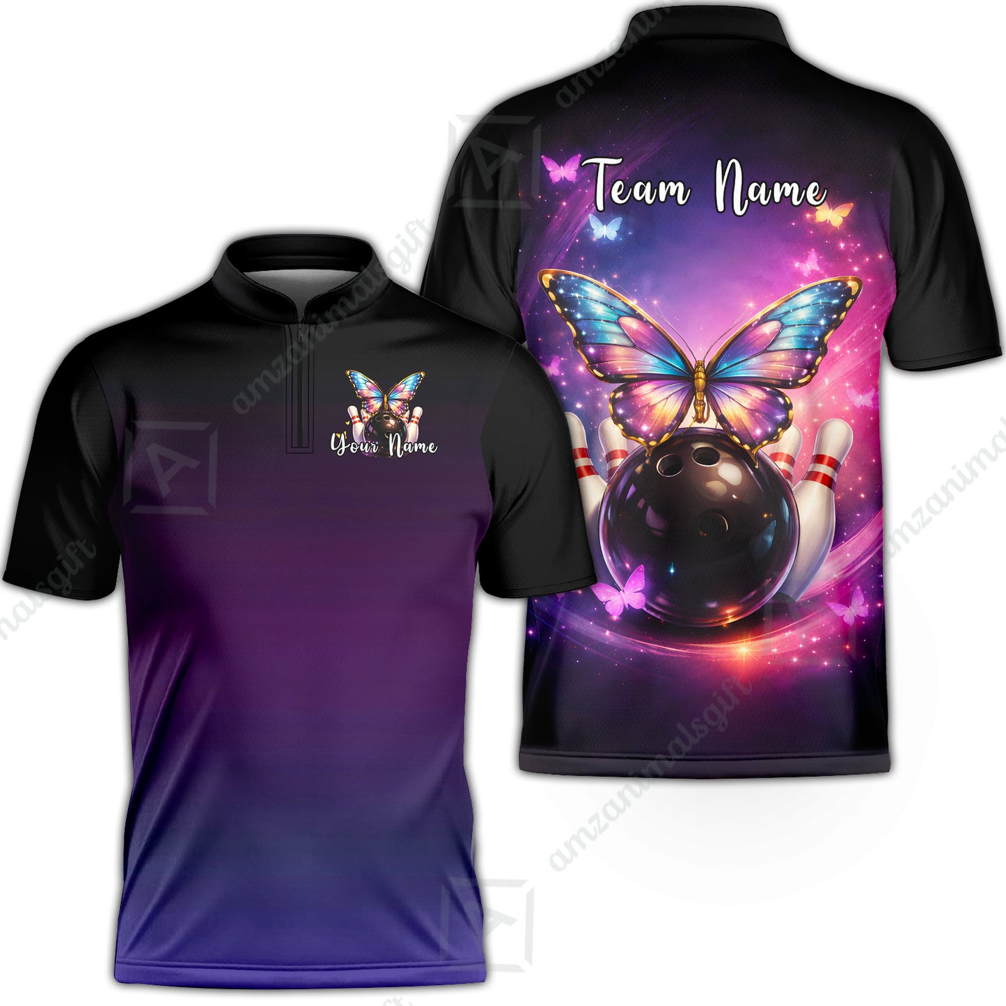 Custom Bowling Polo Shirt, Midnight Butterfly Bowling, Custom Bowling Polo Team Shirt With Name & Team Name