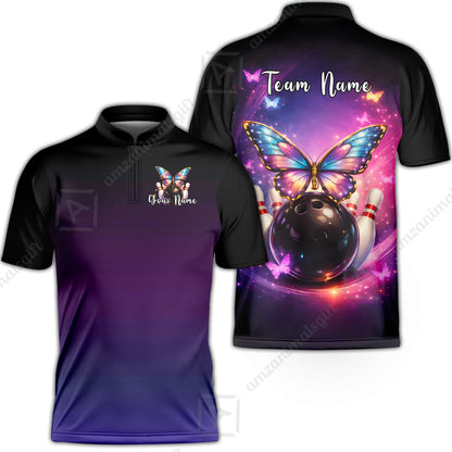 Custom Bowling Polo Shirt, Midnight Butterfly Bowling, Custom Bowling Polo Team Shirt With Name & Team Name