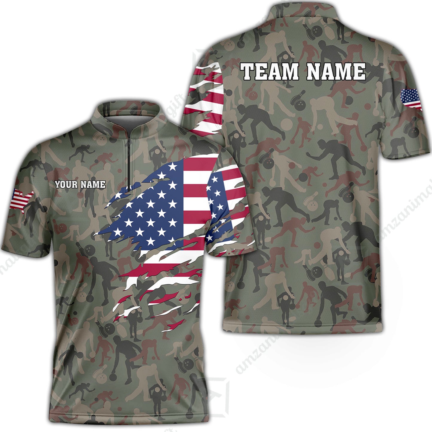 Custom Bowling Jersey Polo Shirt, American Flag Woodland Green Camouflage, Custom Bowling Jersey Team Shirt For Players With Name and Team Name