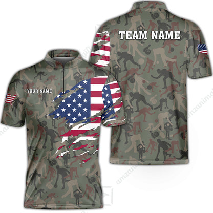 Custom Bowling Jersey Polo Shirt, American Flag Woodland Green Camouflage, Custom Bowling Jersey Team Shirt For Players With Name and Team Name