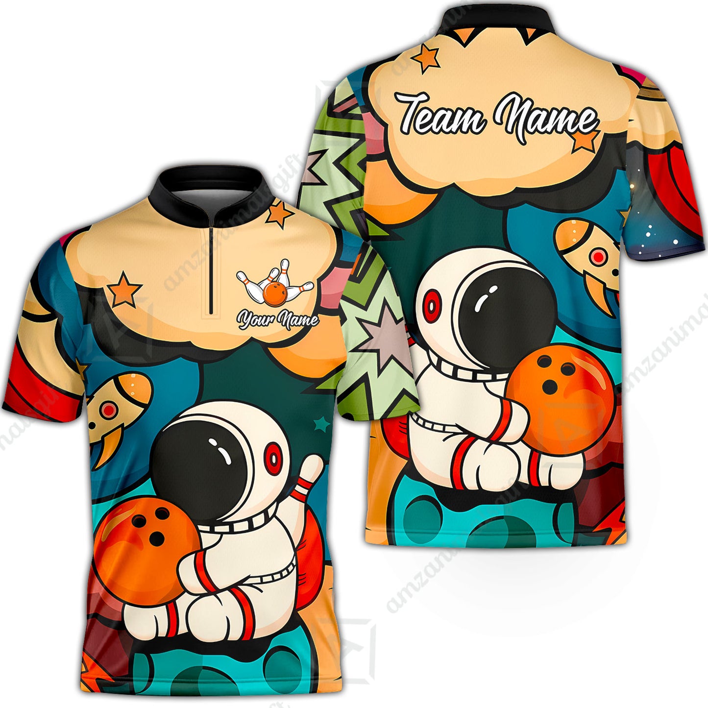 Custom Bowling Jersey Polo Shirt, Astronaut Bowling Galaxy Flight, Personalized Name And Team Name
