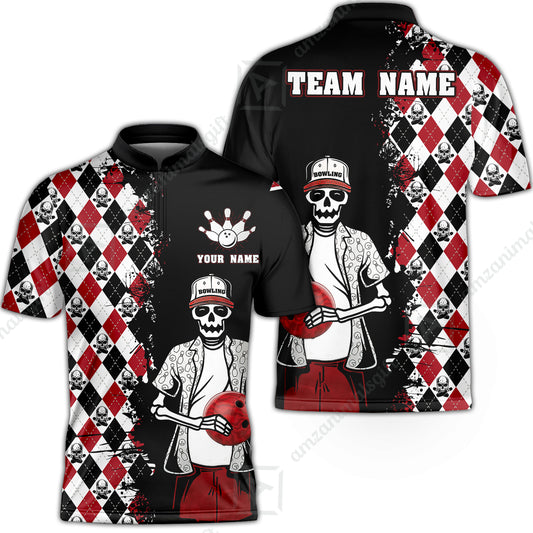 Bowling Custom Bowling Jersey Shirt - Custom Name Skull Men, Argyle Bowling Pattern Personalized Bowling Polo Shirt - Perfect Gift For Friend, Family