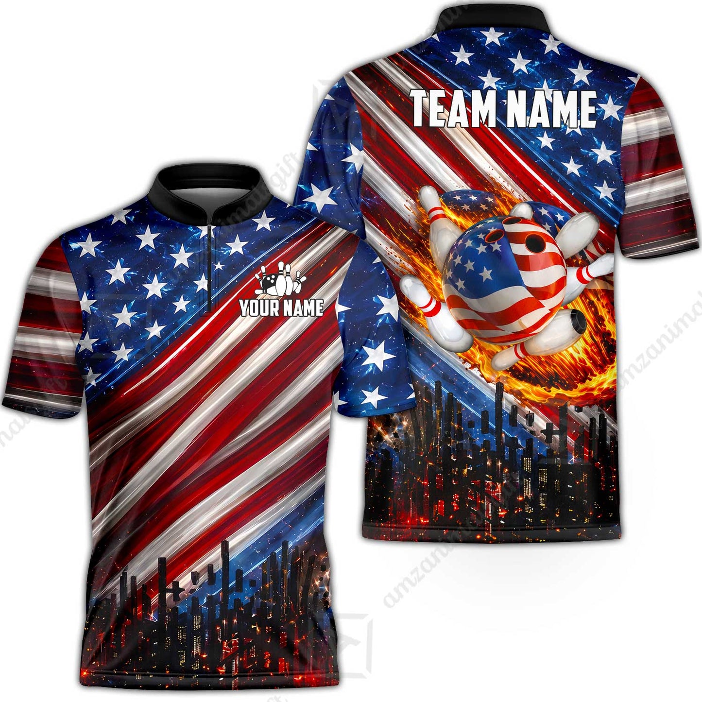 Customized American Flag Flaming Ball Bowling Jersey, Custom Name And Team Name For Bowlers