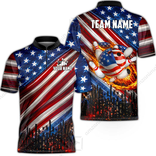 Customized American Flag Flaming Ball Bowling Jersey, Custom Name And Team Name For Bowlers