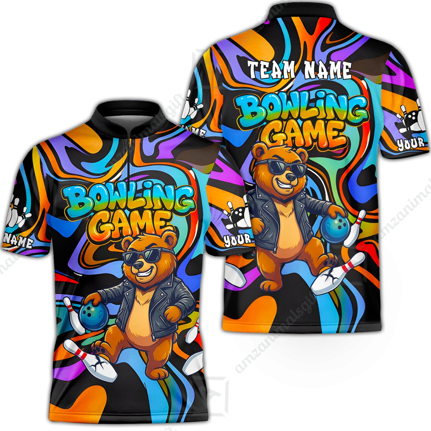Custom Bowling Jersey Polo Shirt, Trippy Swirl Rocker Bear Graffiti Style, Custom Bowling Jersey Team Shirt For Players With Name & Team Name