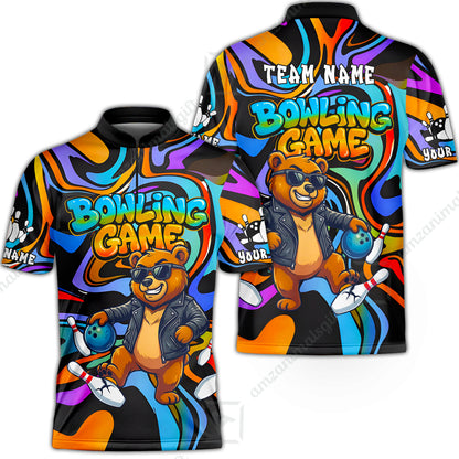 Custom Bowling Jersey Polo Shirt, Trippy Swirl Rocker Bear Graffiti Style, Custom Bowling Jersey Team Shirt For Players With Name & Team Name