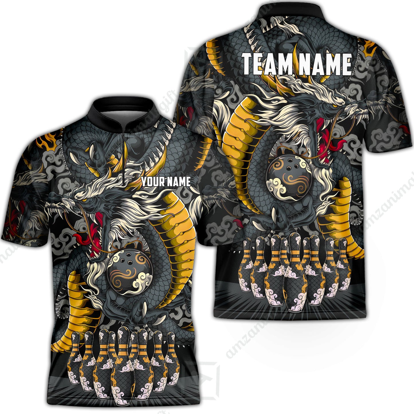 Custom Bowling Jersey Polo Shirt, Oriental Jade Dragon & Classic Clouds, Custom Bowling Jersey Team Shirt For Players With Name & Team Name