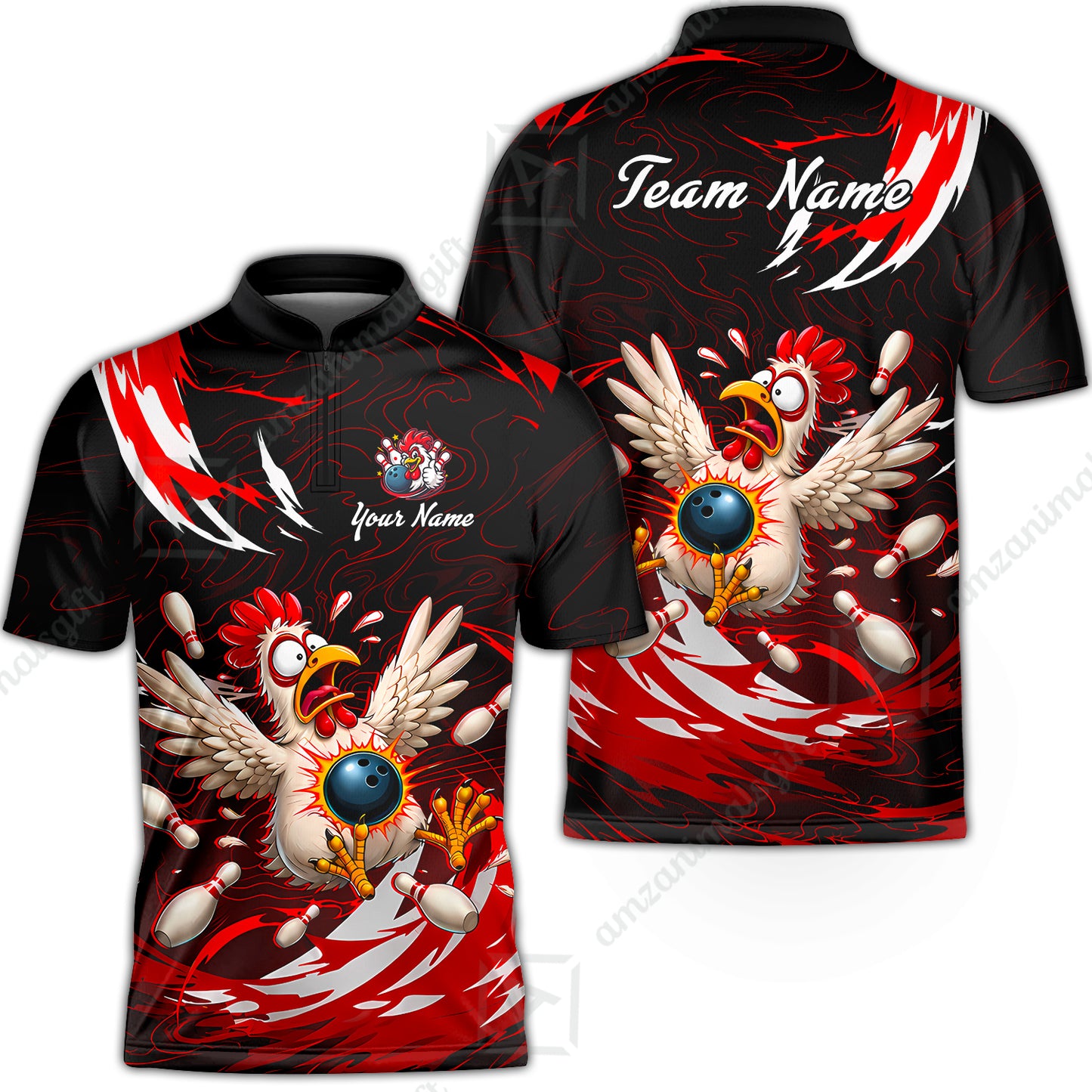 Customized Bowling Shirt, Crazy Chicken, Personalized Polo Shirt For Players With Name & Team Name