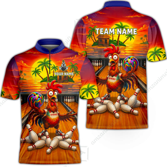 Custom Bowling Jersey Polo Shirt, Funny Tropical Island Rooster Strike, Custom Bowling Jersey Team Shirt For Players With Name and Team Name