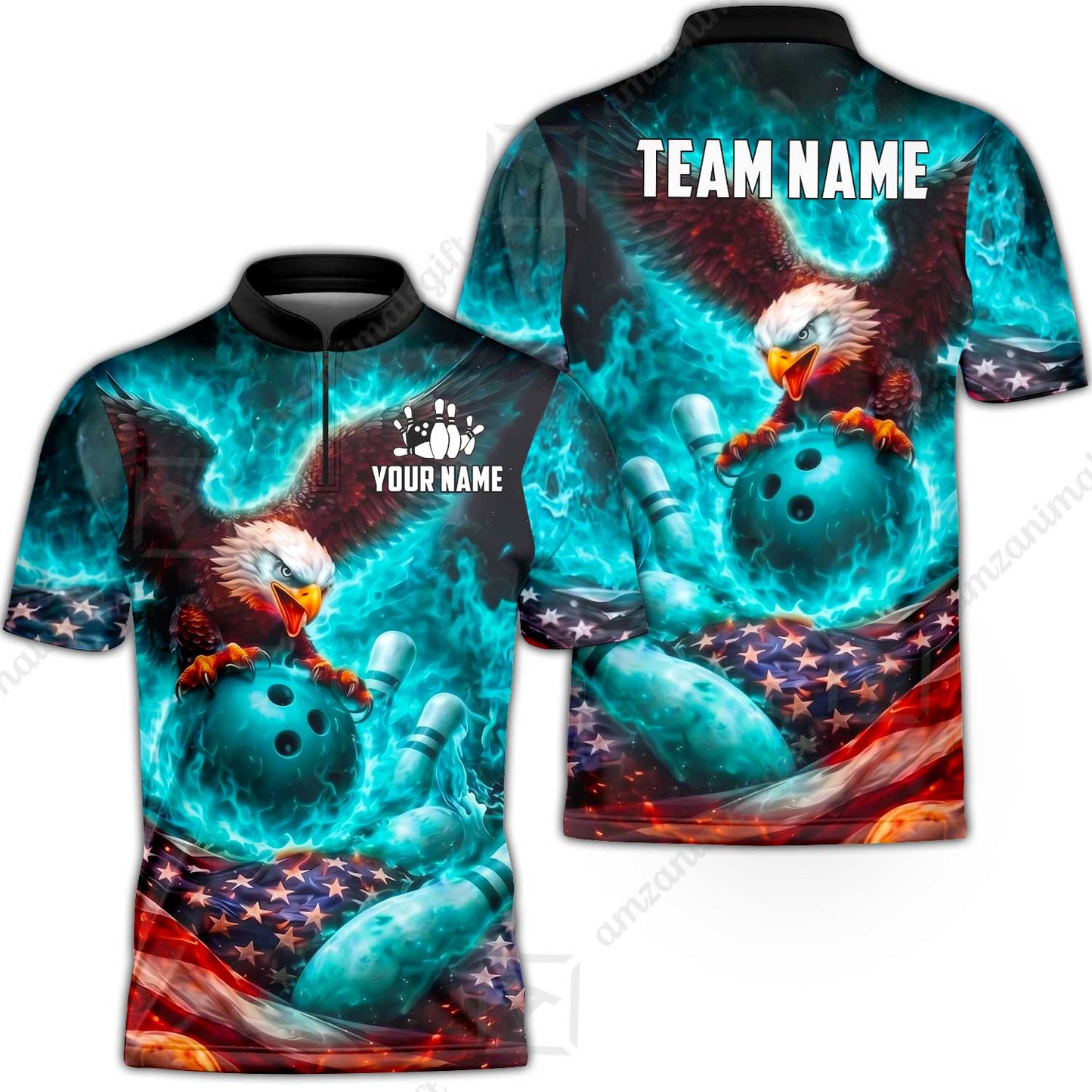 Custom Bowling Jersey Polo Shirt, Patriotic Blue Fire Eagle, Custom Bowling Jersey Team Shirt For Players With Name and Team Name