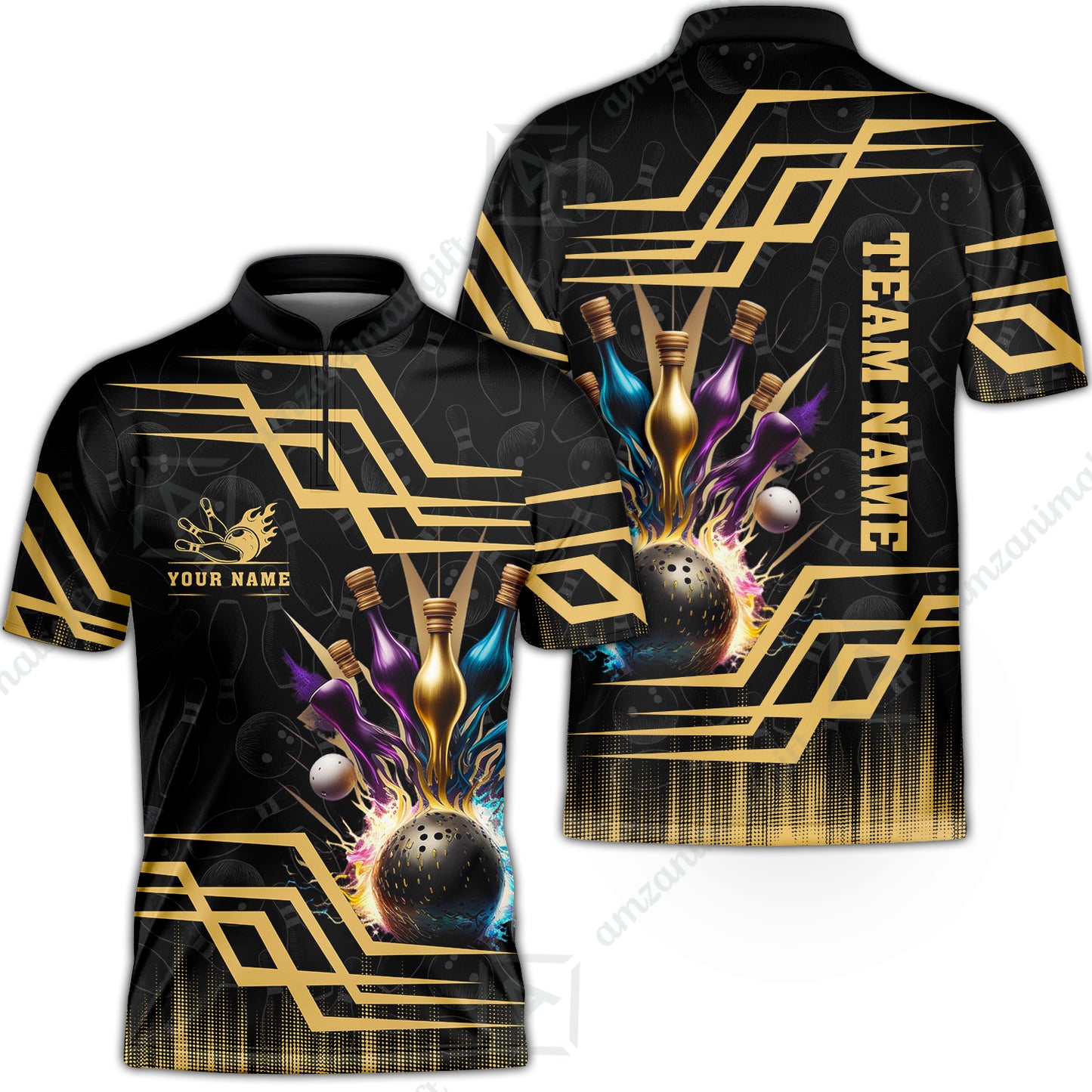 Customized Bowling Unisex Polo, Bowling And Pins Royal Multicolor Option Customized Name And Team Name For Bowling Team