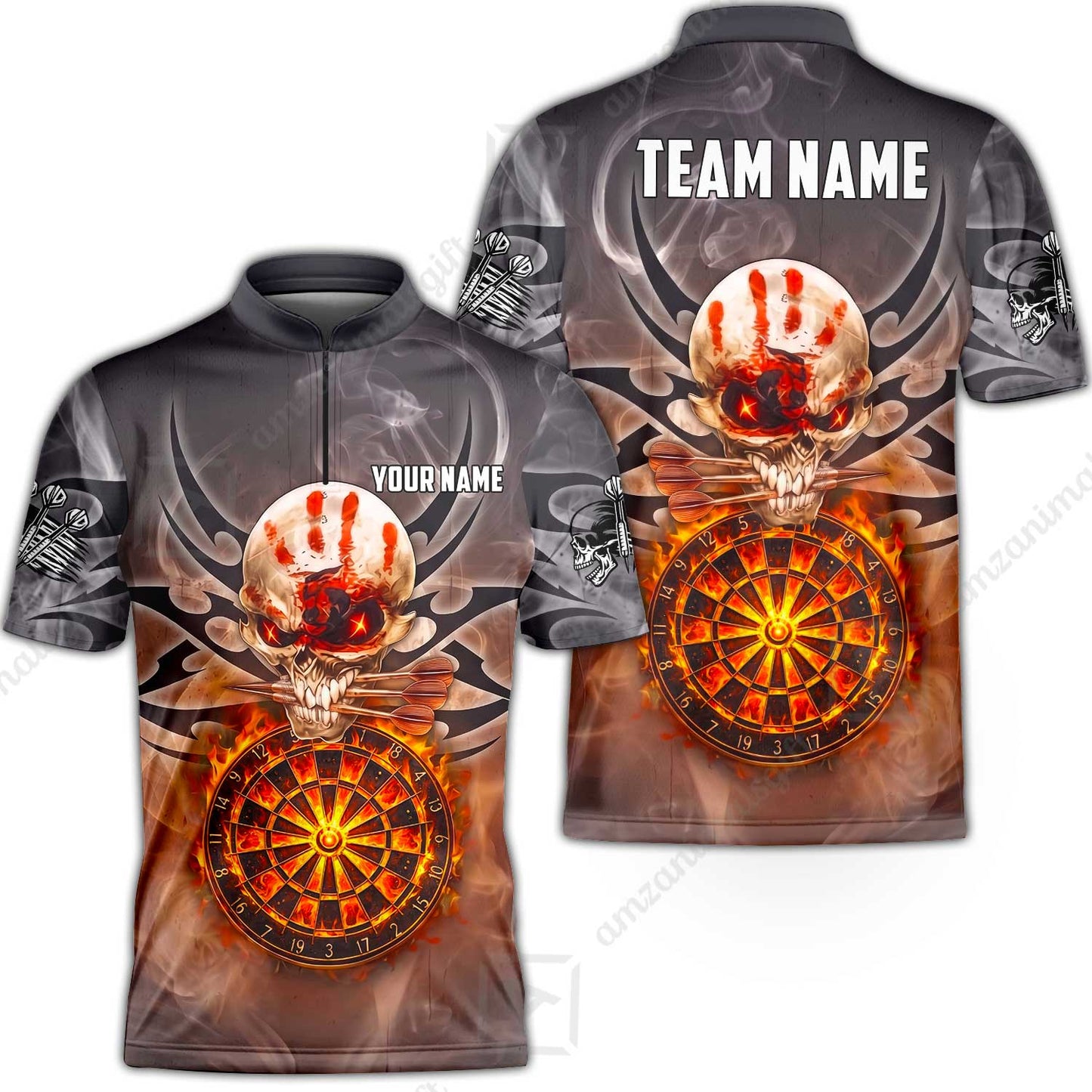 Custom Darts Jersey Polo Shirt, Glowing Fire Skull Tribal, Custom Dart Jersey Team Shirt For Players With Name & Team Name