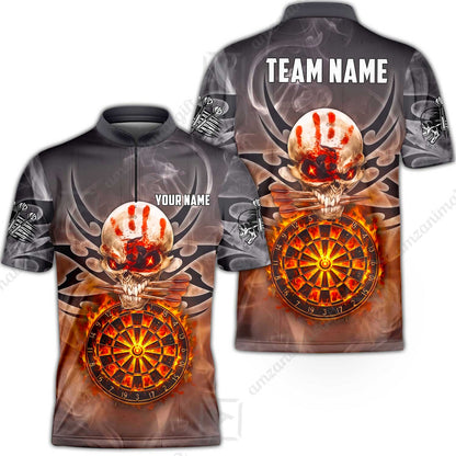 Custom Darts Jersey Polo Shirt, Glowing Fire Skull Tribal, Custom Dart Jersey Team Shirt For Players With Name & Team Name