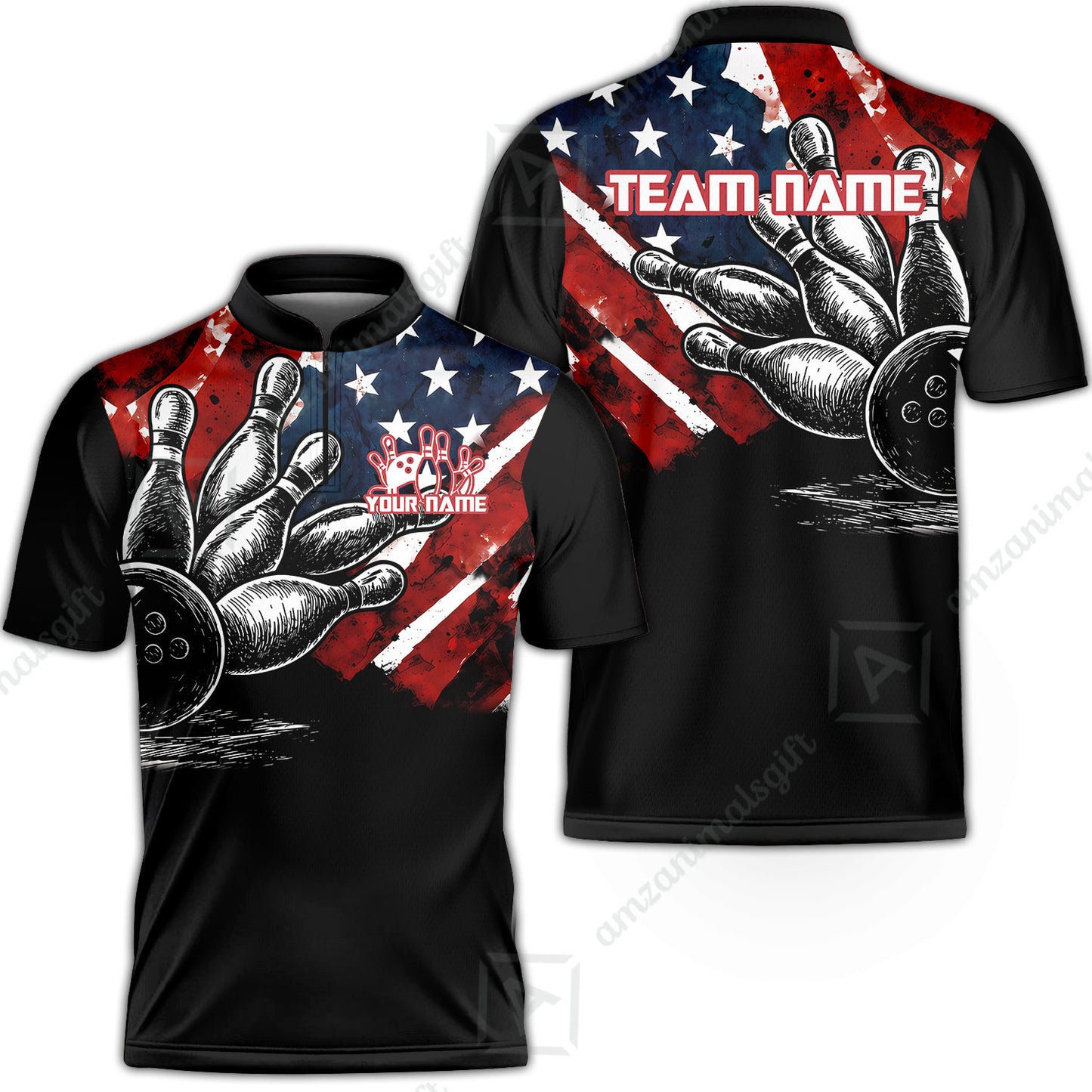 Custom Bowling Jersey Polo Shirt, American Flag and Bowling Pins Sketch, Custom Bowling Jersey Team Shirt For Players With Name and Team Name