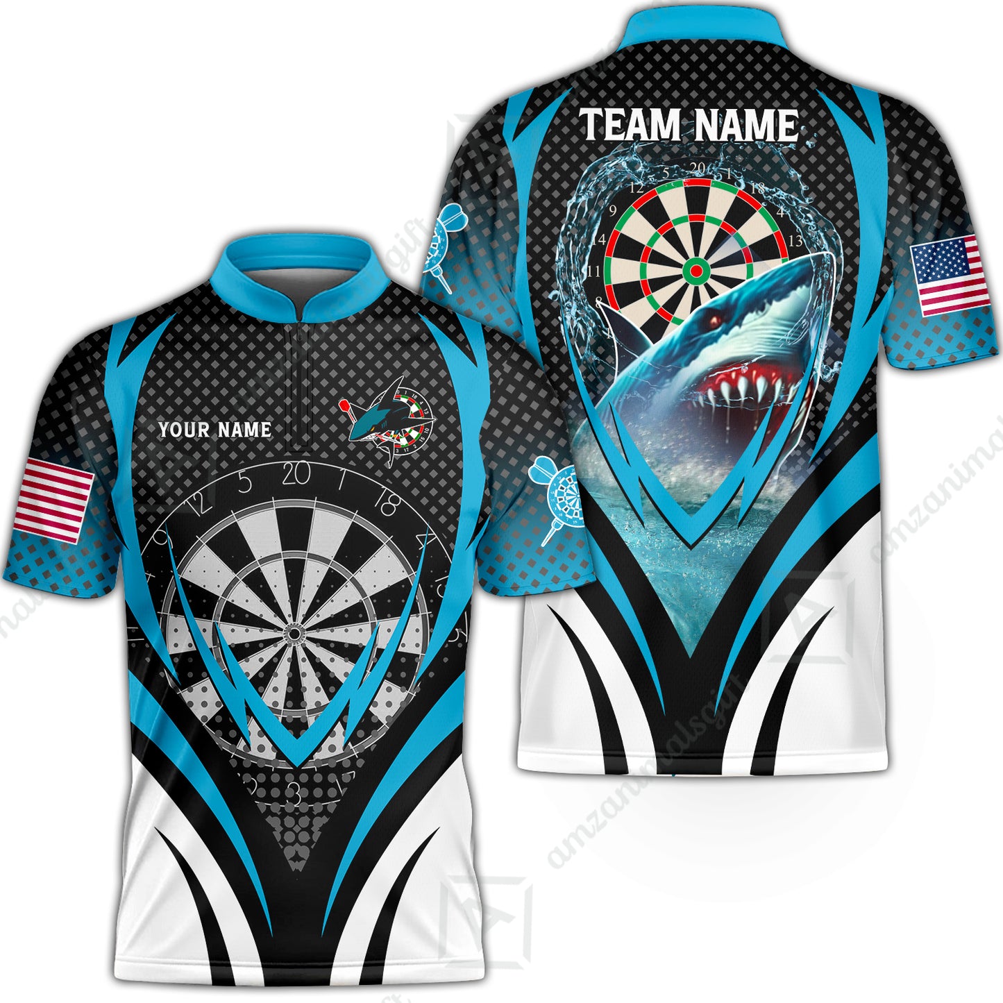 Custom Blue Dartboard Darts Team Jersey Polo Quarter-Zip Shirts, Customized Name Team Name Darts Team Jerseys Uniform