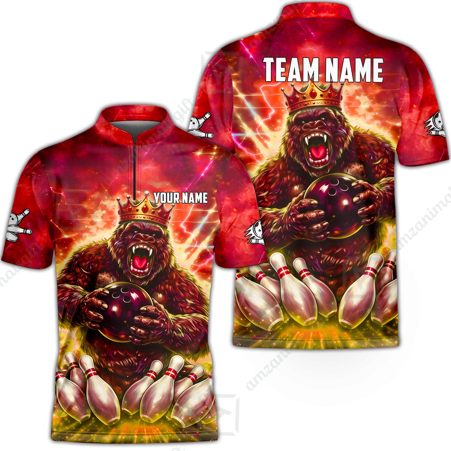 Custom Bowling Jersey Polo Shirt, King Gorilla Holding Bowling Ball, Custom Bowling Jersey Team Shirt For Players With Name & Team Name
