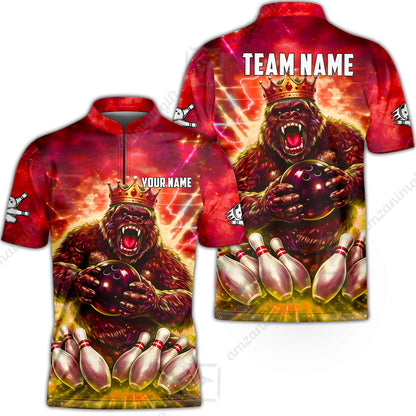 Custom Bowling Jersey Polo Shirt, King Gorilla Holding Bowling Ball, Custom Bowling Jersey Team Shirt For Players With Name & Team Name