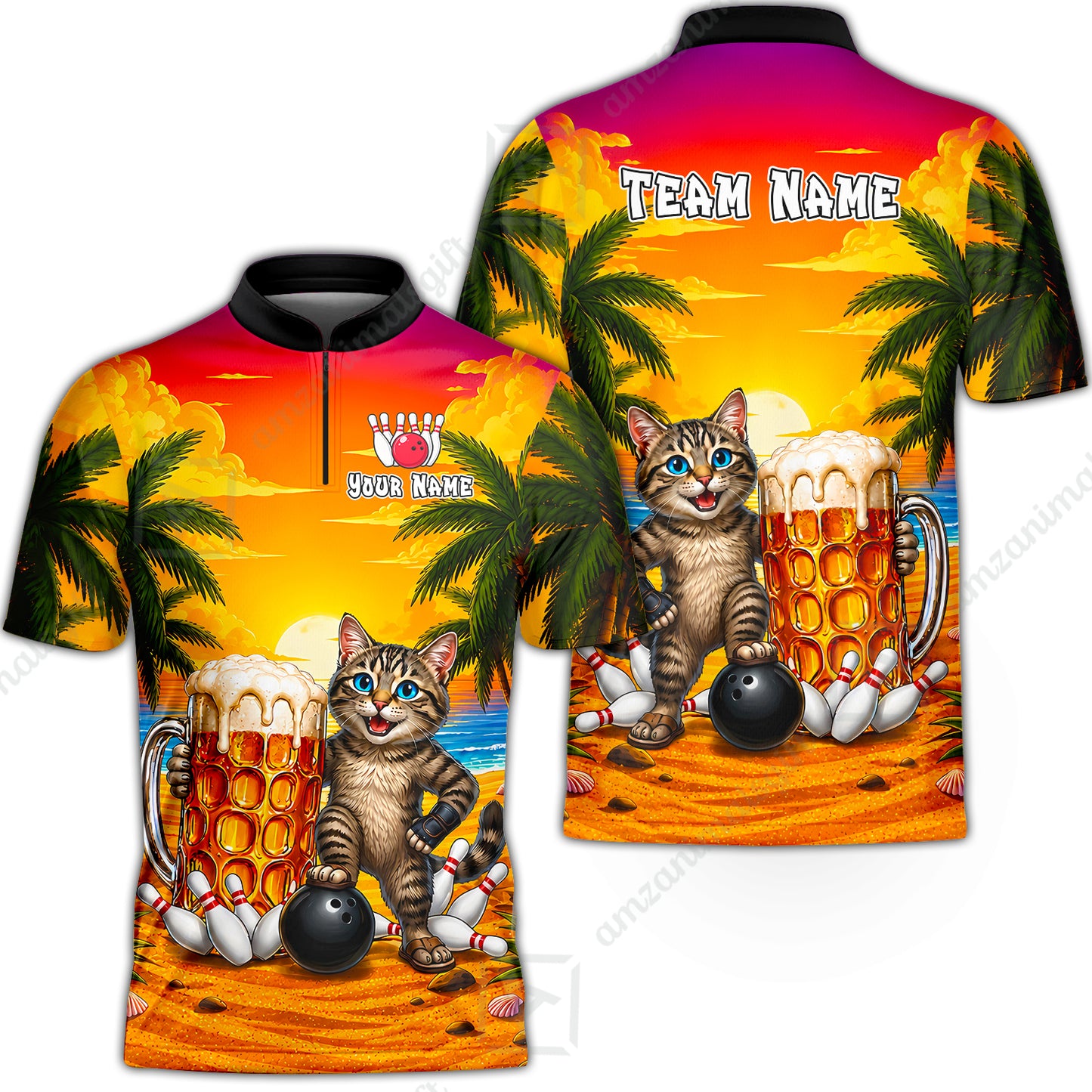 Custom Bowling Jersey Polo Shirt, Beer & Bowling Cat, Custom Bowling Jersey Team Shirt For Players With Name and Team Name
