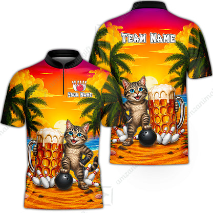 Custom Bowling Jersey Polo Shirt, Beer & Bowling Cat, Custom Bowling Jersey Team Shirt For Players With Name and Team Name