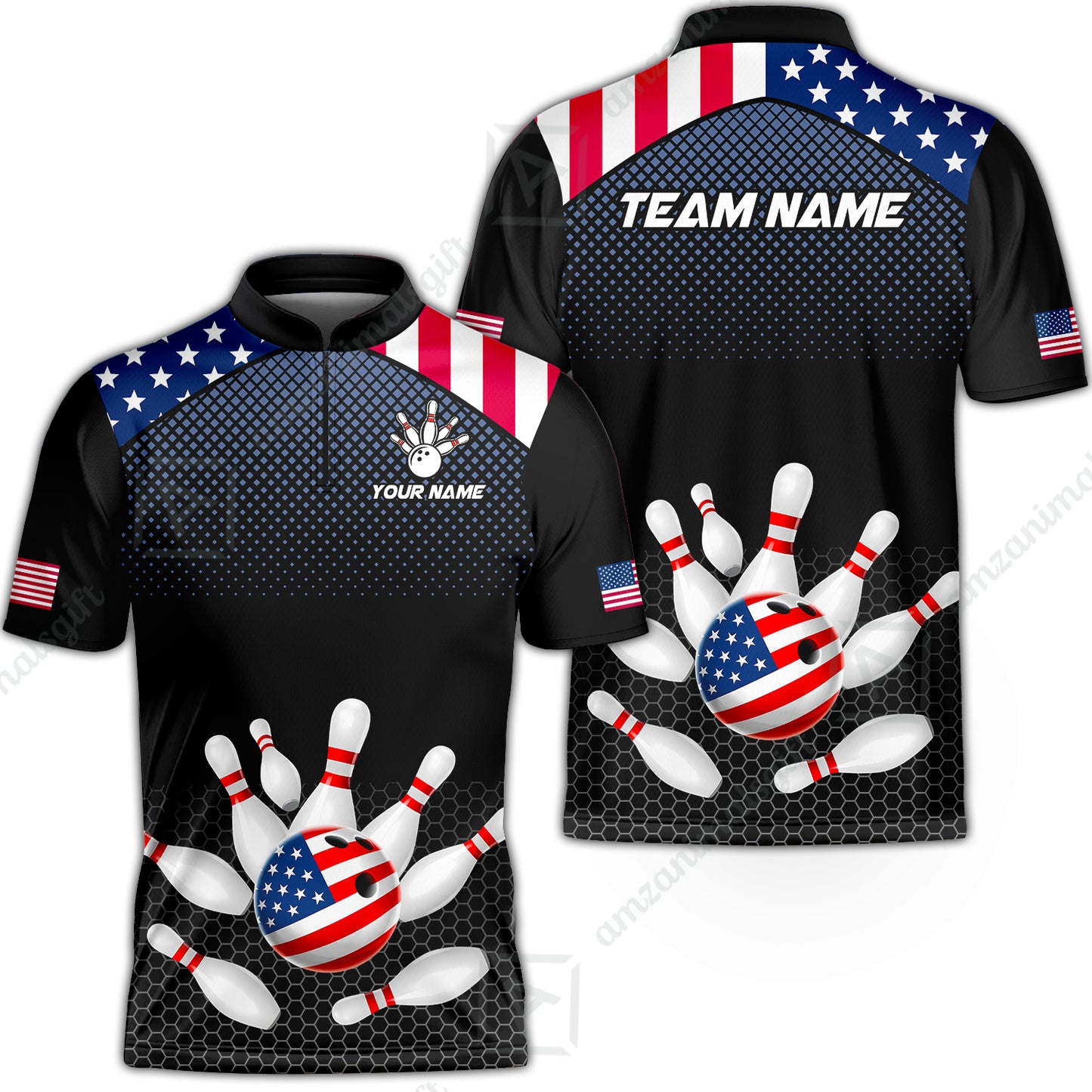 Custom Bowling Jersey Polo Shirt, Patriotic USA Flag Stars Stripes Tech Hexagon Pattern, Custom Bowling Jersey Team Shirt For Players With Name & Team Name