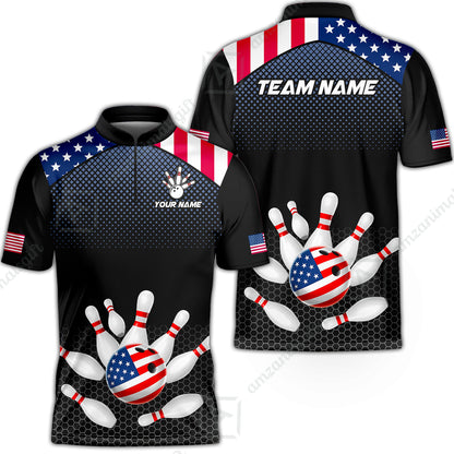 Custom Bowling Jersey Polo Shirt, Patriotic USA Flag Stars Stripes Tech Hexagon Pattern, Custom Bowling Jersey Team Shirt For Players With Name & Team Name