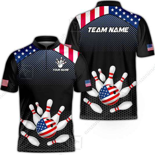 Custom Bowling Jersey Polo Shirt, Patriotic USA Flag Stars Stripes Tech Hexagon Pattern, Custom Bowling Jersey Team Shirt For Players With Name & Team Name