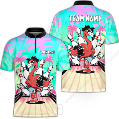 Custom Bowling Jersey Polo Shirt, Sunset Lanes Flamingo, Custom Bowling Jersey Team Shirt For Players With Name and Team Name