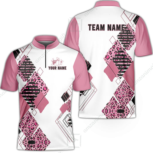 Custom Bowling Jersey Polo Shirt, Pink Cheetah Geometric Diamonds, Custom Bowling Jersey Team Shirt For Players With Name & Team Name