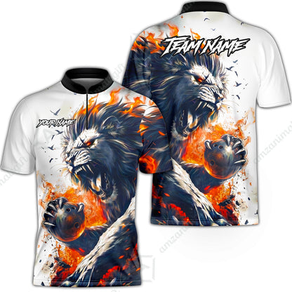 Custom Bowling Jersey Polo Shirt, Lion Fire Lava, Personalized Name And Team Name