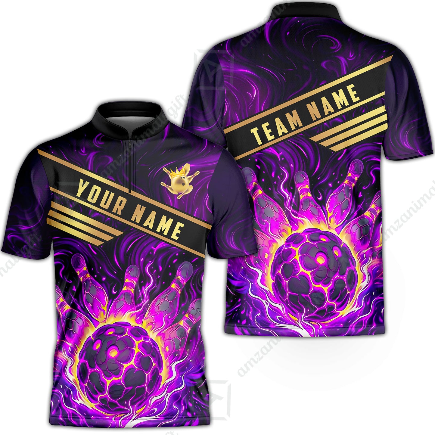 Custom Bowling Polo Shirt, Glowing Bowling Ball and Pins Custom Bowling Polo Team Shirt For Players With Name & Team Name