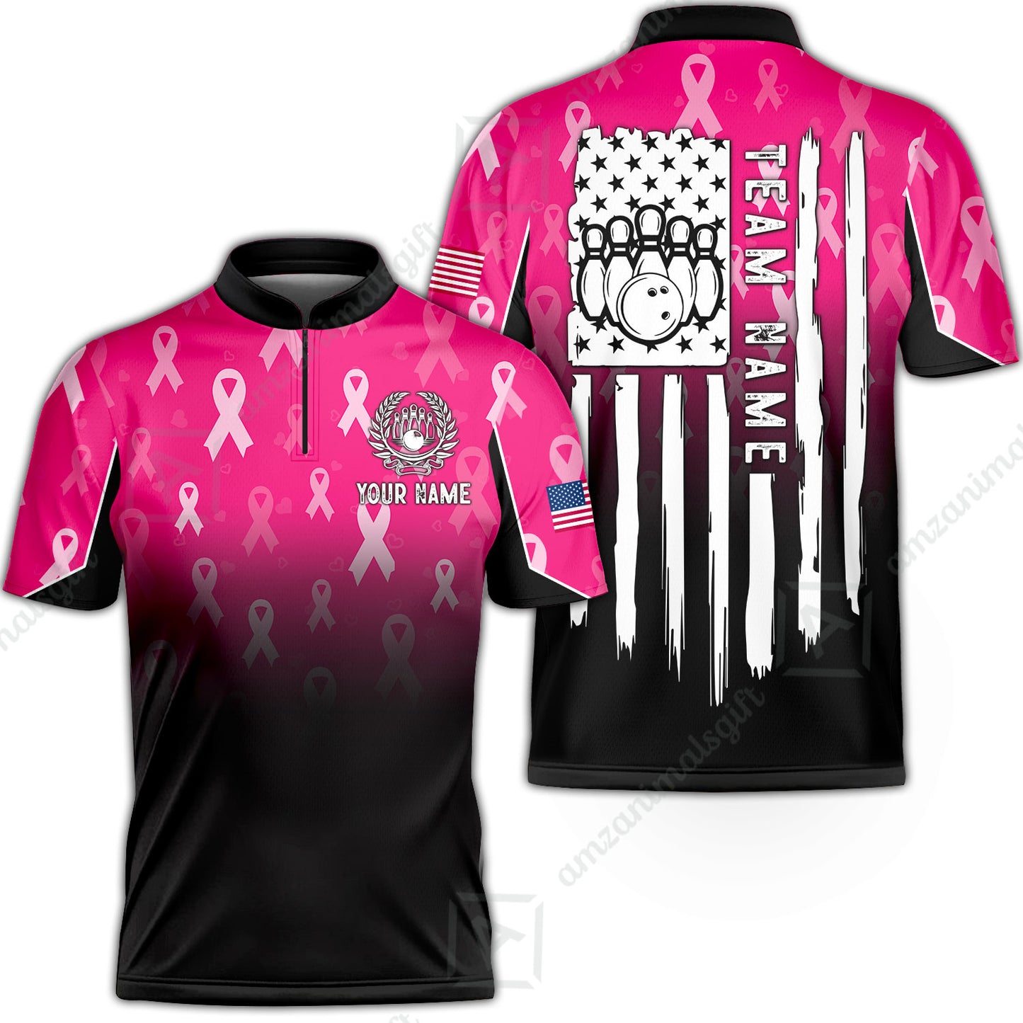 Custom Bowling Jersey Polo Shirt, Ribbon Breast Cancer Awareness Flag, Custom Bowling Jersey Team Shirt For Players With Name and Team Name