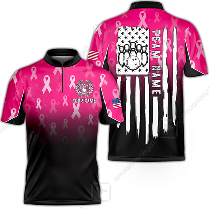 Custom Bowling Jersey Polo Shirt, Ribbon Breast Cancer Awareness Flag, Custom Bowling Jersey Team Shirt For Players With Name and Team Name