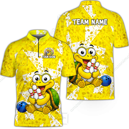 Custom Bowling Jersey Polo Shirt, Cute Turtle Holding Pins, Personalized Name And Team Name