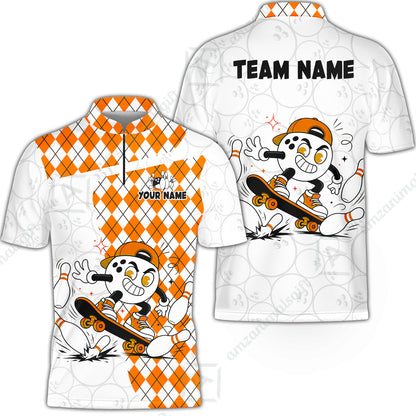 Custom Bowling Jersey Polo Shirt, Skateboarder Bowling Ball Mascot, Custom Bowling Jersey Team Shirt For Players With Name and Team Name
