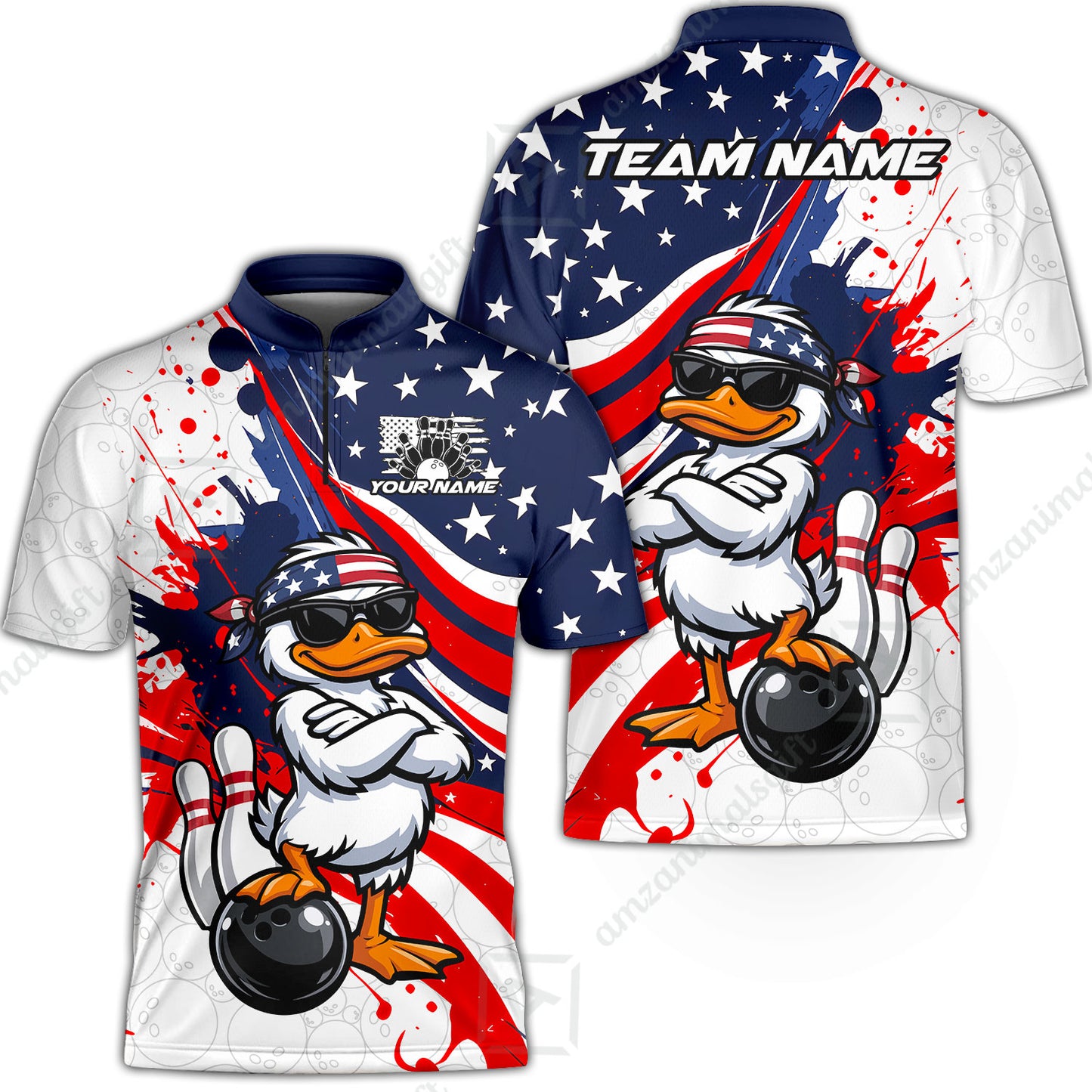 Custom Bowling Jersey Polo Shirt, Patriotic Cool Duckling Mascot, Custom Bowling Jersey Team Shirt For Players With Name and Team Name