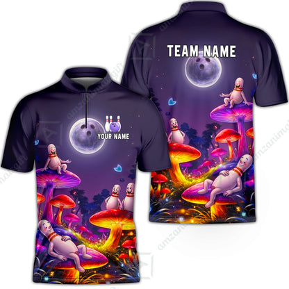 Custom Bowling Jersey Polo Shirt, Psychedelic Magic Mushroom Forest, Custom Bowling Jersey Team Shirt For Players With Name and Team Name