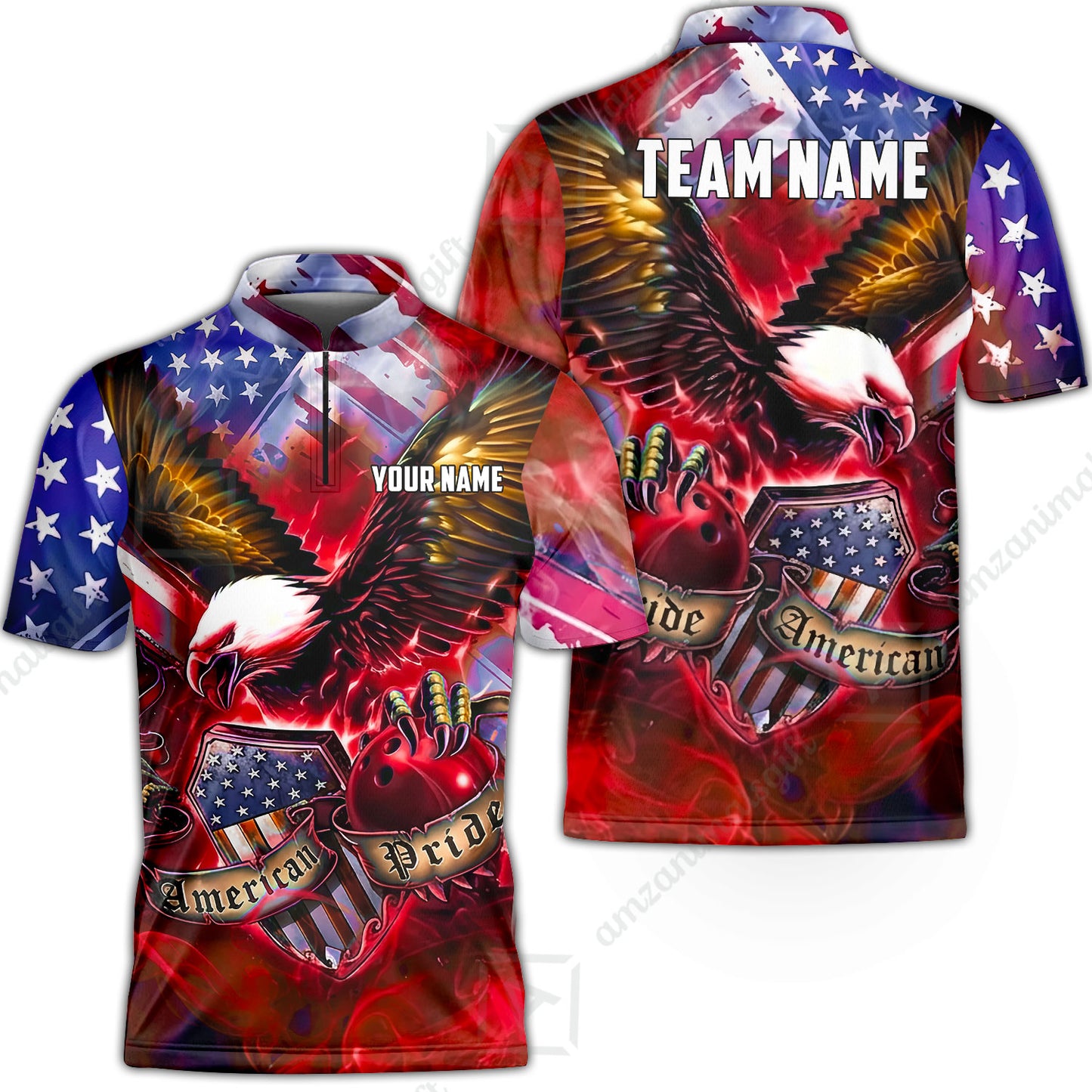 Custom Bowling Jersey Polo Shirt, American Pride Eagle, Personalized Name & Team Name