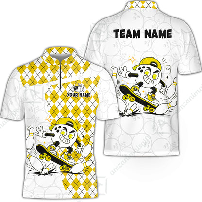 Custom Bowling Jersey Polo Shirt, Skateboarder Bowling Ball Mascot, Custom Bowling Jersey Team Shirt For Players With Name and Team Name