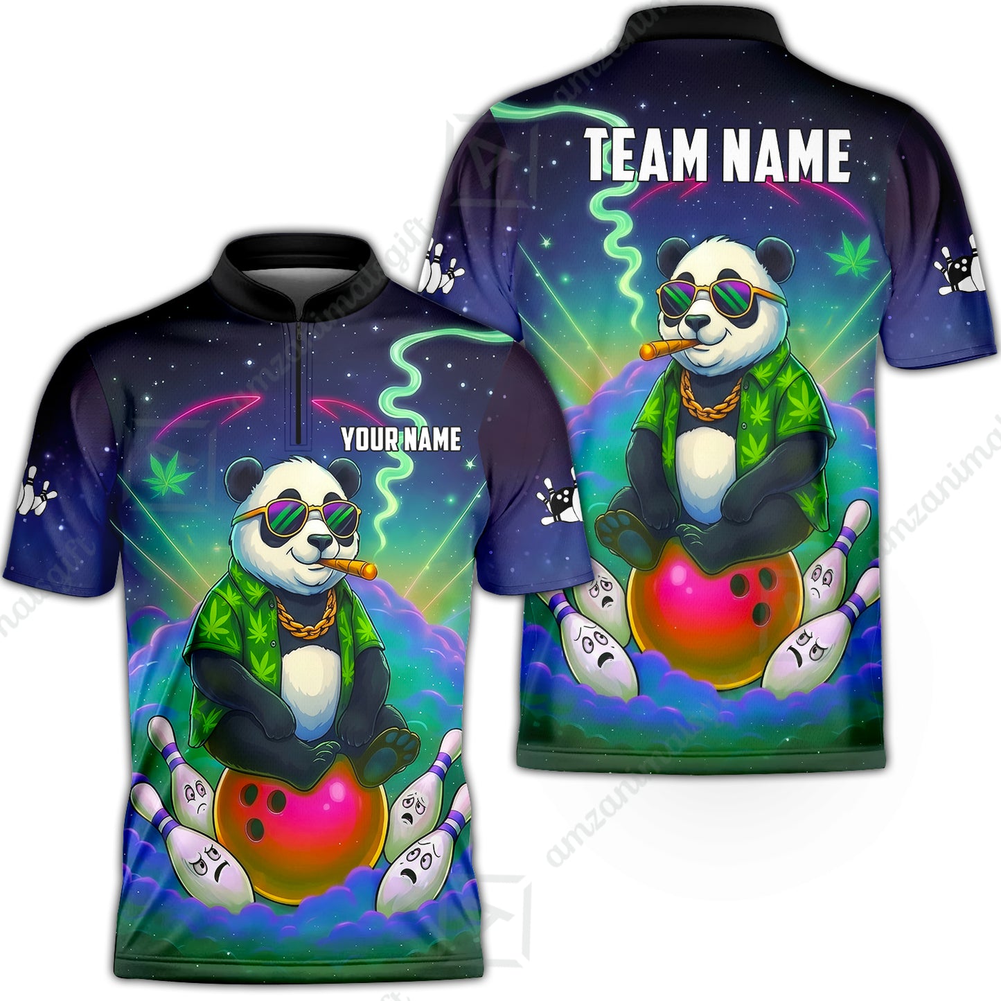 Custom Bowling Jersey Polo Shirt, Chill Panda & Cosmic Vibe, Custom Bowling Jersey Team Shirt For Players With Name & Team Name