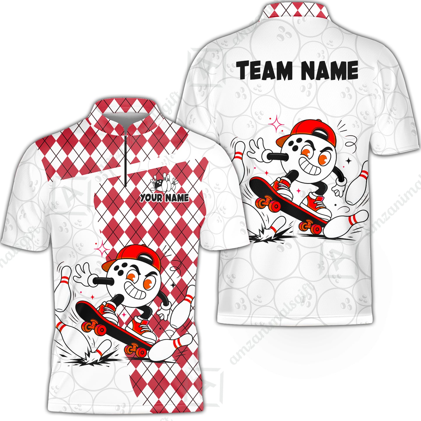 Custom Bowling Jersey Polo Shirt, Skateboarder Bowling Ball Mascot, Custom Bowling Jersey Team Shirt For Players With Name and Team Name