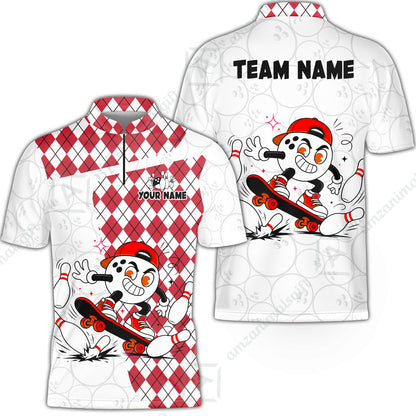 Custom Bowling Jersey Polo Shirt, Skateboarder Bowling Ball Mascot, Custom Bowling Jersey Team Shirt For Players With Name and Team Name